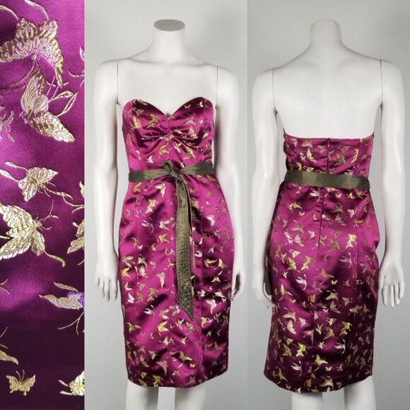 Betsey Johnson New York Rare Purple Satin Midi Butterfly Y2K Sheath Dress Size 6 - Picture 1 of 16